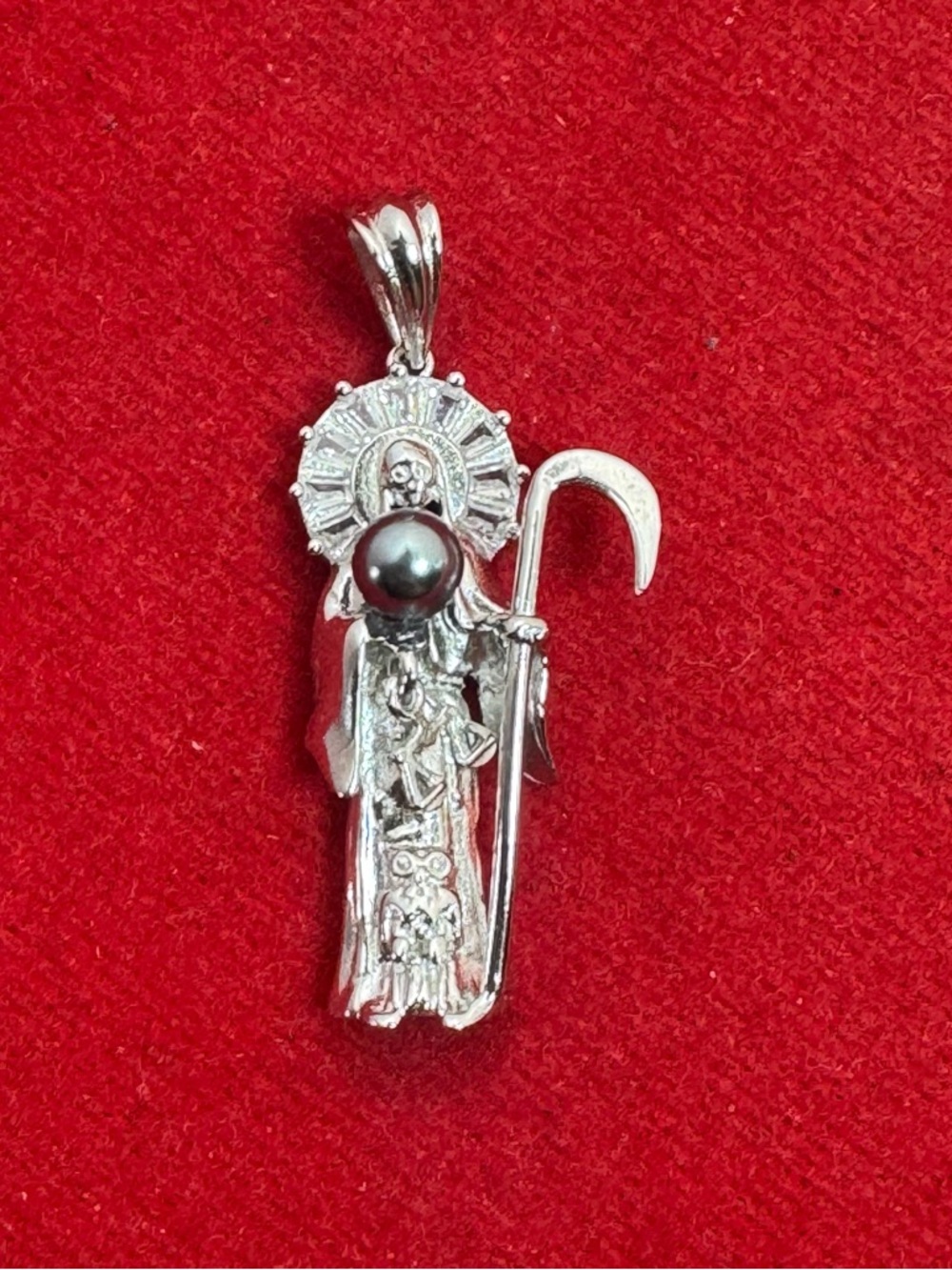 Silver Saint Pendant with Dark Pearl Accent - Women Jewelry